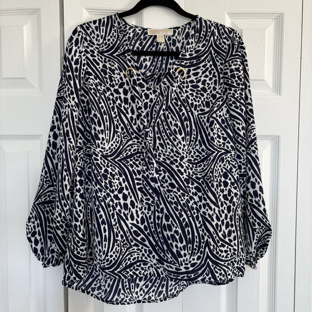 Michael Kors Navy White Nautical Tie Neck Blouse Gold Logo Women M Old Money